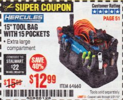 Harbor Freight Coupon HERCULES 15" TOOL BAG WITH 10 POCKETS Lot No. 64660 Expired: 5/31/19 - $12.99