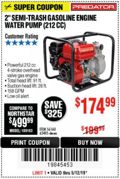 Harbor Freight Coupon 2" SEMI-TRASH GASOLINE ENGINE WATER PUMP 212CC Lot No. 56160 Expired: 5/12/19 - $174.99