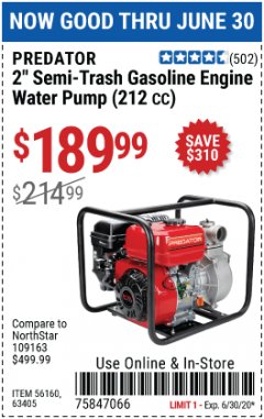 Harbor Freight Coupon 2" SEMI-TRASH GASOLINE ENGINE WATER PUMP 212CC Lot No. 56160 Expired: 6/30/20 - $189.99