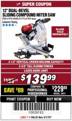 Harbor Freight Coupon CHICAGO ELECTRIC 12" DUAL-BEVEL SLIDING COMPOUND MITER SAW Lot No. 61970/56597/61969 Expired: 4/7/19 - $139.99