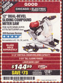 Harbor Freight Coupon CHICAGO ELECTRIC 12" DUAL-BEVEL SLIDING COMPOUND MITER SAW Lot No. 61970/56597/61969 Expired: 10/31/19 - $144.99