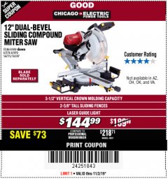 Harbor Freight Coupon CHICAGO ELECTRIC 12" DUAL-BEVEL SLIDING COMPOUND MITER SAW Lot No. 61970/56597/61969 Expired: 11/3/19 - $144.99