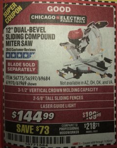 Harbor Freight Coupon CHICAGO ELECTRIC 12" DUAL-BEVEL SLIDING COMPOUND MITER SAW Lot No. 61970/56597/61969 Expired: 11/30/19 - $144.99