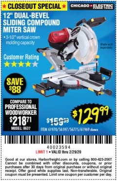 Harbor Freight Coupon CHICAGO ELECTRIC 12" DUAL-BEVEL SLIDING COMPOUND MITER SAW Lot No. 61970/56597/61969 Expired: 2/29/20 - $129.99