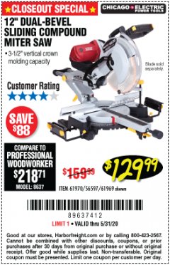 Harbor Freight Coupon CHICAGO ELECTRIC 12" DUAL-BEVEL SLIDING COMPOUND MITER SAW Lot No. 61970/56597/61969 Expired: 6/30/20 - $129.99