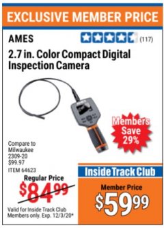 Harbor Freight ITC Coupon AMES 2.4" LCD DIGITAL INSPECTION CAMERA WITH RECORDER Lot No. 64623 Expired: 12/3/20 - $59.99