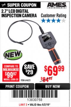 Harbor Freight Coupon AMES 2.4" LCD DIGITAL INSPECTION CAMERA WITH RECORDER Lot No. 64623 Expired: 6/2/19 - $69.99