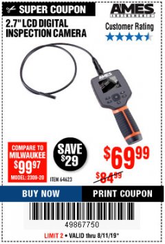 Harbor Freight Coupon AMES 2.4" LCD DIGITAL INSPECTION CAMERA WITH RECORDER Lot No. 64623 Expired: 8/11/19 - $69.99
