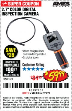 Harbor Freight Coupon AMES 2.4" LCD DIGITAL INSPECTION CAMERA WITH RECORDER Lot No. 64623 Expired: 2/29/20 - $59.99
