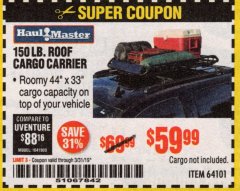 Harbor Freight Coupon 150 LB. ROOF CARGO CARRIER Lot No. 64101 Expired: 3/31/19 - $59.99