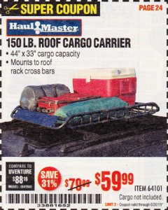 Harbor Freight Coupon 150 LB. ROOF CARGO CARRIER Lot No. 64101 Expired: 6/30/19 - $59.99