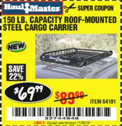 Harbor Freight Coupon 150 LB. ROOF CARGO CARRIER Lot No. 64101 Expired: 11/26/19 - $69.99