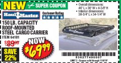 Harbor Freight Coupon 150 LB. ROOF CARGO CARRIER Lot No. 64101 Expired: 11/9/19 - $69.99