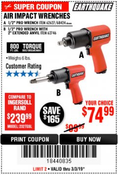 Harbor Freight Coupon AIR IMPACT WRENCHES - 1/2" PRO WRENCH OR 1/2" PRO WRENCH WITH 2" EXTENDED ANVIL Lot No. 62627/68424/62746 Expired: 3/3/19 - $74.99