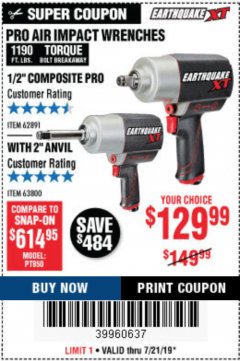 Harbor Freight Coupon AIR IMPACT WRENCHES - 1/2" PRO WRENCH OR 1/2" PRO WRENCH WITH 2" EXTENDED ANVIL Lot No. 62627/68424/62746 Expired: 7/21/19 - $129.99
