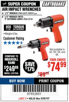 Harbor Freight Coupon AIR IMPACT WRENCHES - 1/2" PRO WRENCH OR 1/2" PRO WRENCH WITH 2" EXTENDED ANVIL Lot No. 62627/68424/62746 Expired: 9/29/19 - $74.99