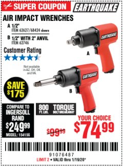 Harbor Freight Coupon AIR IMPACT WRENCHES - 1/2" PRO WRENCH OR 1/2" PRO WRENCH WITH 2" EXTENDED ANVIL Lot No. 62627/68424/62746 Expired: 1/19/20 - $74.99