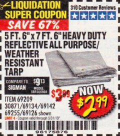Harbor Freight Coupon 5 FT. 6" X 7 FT. 6" HEAVY DUTY REFLECTIVE ALL PURPOSE / WEATHER RESISTANT TARP Lot No. 69209/30874/69134/69142/69255/69126 Expired: 5/31/19 - $2.99