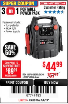 Harbor Freight Coupon 3 IN 1 PORTABLE POWER PACK  Lot No. 56349/38391/62376/64083/62306 Expired: 5/31/19 - $44.99