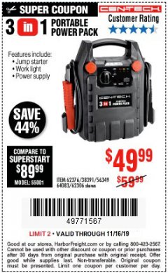 Harbor Freight Coupon 3 IN 1 PORTABLE POWER PACK  Lot No. 56349/38391/62376/64083/62306 Expired: 11/16/19 - $49.99