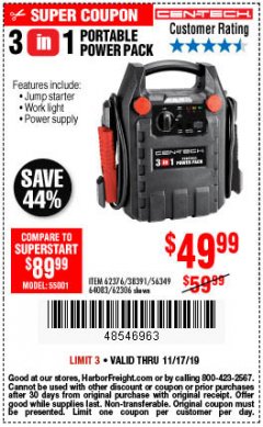 Harbor Freight Coupon 3 IN 1 PORTABLE POWER PACK  Lot No. 56349/38391/62376/64083/62306 Expired: 11/17/19 - $49.99