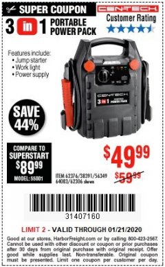 Harbor Freight Coupon 3 IN 1 PORTABLE POWER PACK  Lot No. 56349/38391/62376/64083/62306 Expired: 1/21/20 - $49.99