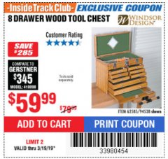 Harbor Freight ITC Coupon 8 DRAWER WOOD TOOL CHEST Lot No. 62858/94538 Expired: 3/19/19 - $59.99