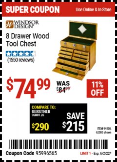 Harbor Freight Coupon 8 DRAWER WOOD TOOL CHEST Lot No. 62858/94538 EXPIRES: 6/2/22 - $74.99