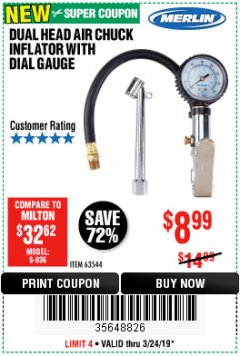 Harbor Freight Coupon DUAL HEAD AIR CHUCK INFLATOR WITH DIAL GAUGE Lot No. 63259 Expired: 3/24/19 - $8.99