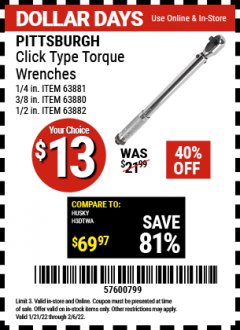 Harbor Freight Coupon CLICK-TYPE TORQUE WRENCHES Lot No. 61277/63881/2696/61276/63880/807/62431/63882/239 Valid: 1/21/22 2/6/22 - $13