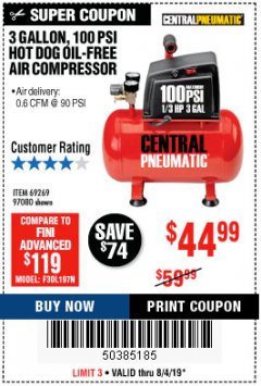 Harbor Freight Coupon 3 GALLON, 100 PSI HOT DOG OIL-FREE AIR COMPRESSOR Lot No. 69269/97080 Expired: 8/4/19 - $44.99