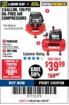 Harbor Freight Coupon 3 GALLON, 100 PSI HOT DOG OIL-FREE AIR COMPRESSOR Lot No. 69269/97080 Expired: 9/8/19 - $39.99