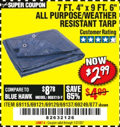Harbor Freight Coupon 7' 4" X 9' 6" ALL PURPOSE/WEATHER RESISTANT TARP Lot No. 69115/69121/69129/69137/69249/877 Expired: 1/27/20 - $2.99