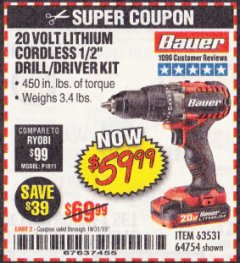 Harbor Freight Coupon 20V HYPERMAX LITHIUM 1/2 IN. DRILL/DRIVER KIT Lot No. 63531 Expired: 10/31/19 - $59.99