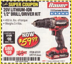 Harbor Freight Coupon 20V HYPERMAX LITHIUM 1/2 IN. DRILL/DRIVER KIT Lot No. 63531 Expired: 11/30/19 - $59.99