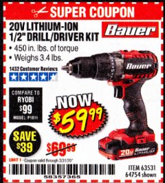 Harbor Freight Coupon 20V HYPERMAX LITHIUM 1/2 IN. DRILL/DRIVER KIT Lot No. 63531 Expired: 3/31/20 - $59.99