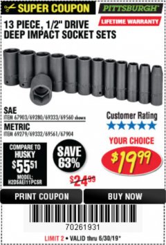 Harbor Freight Coupon 13 PC. 1/2 IN. DRIVE IMPACT DEEP SOCKET SETS Lot No. 69560/69279 Expired: 6/30/19 - $19.99