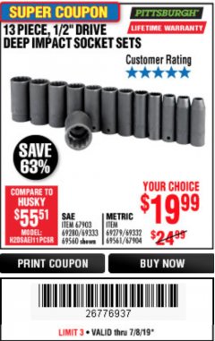 Harbor Freight Coupon 13 PC. 1/2 IN. DRIVE IMPACT DEEP SOCKET SETS Lot No. 69560/69279 Expired: 7/31/19 - $19.99
