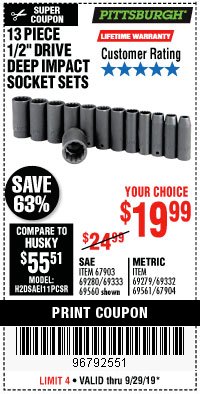Harbor Freight Coupon 13 PC. 1/2 IN. DRIVE IMPACT DEEP SOCKET SETS Lot No. 69560/69279 Expired: 9/29/19 - $19.99