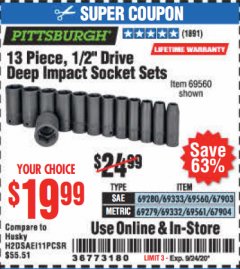 Harbor Freight Coupon 13 PC. 1/2 IN. DRIVE IMPACT DEEP SOCKET SETS Lot No. 69560/69279 Expired: 9/24/20 - $19.99