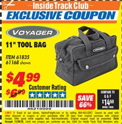 Harbor Freight ITC Coupon 11" TOOL BAG Lot No. 61168/35539/61835 Expired: 11/30/18 - $4.99