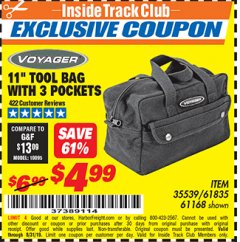 Harbor Freight ITC Coupon 11" TOOL BAG Lot No. 61168/35539/61835 Expired: 8/31/19 - $4.99
