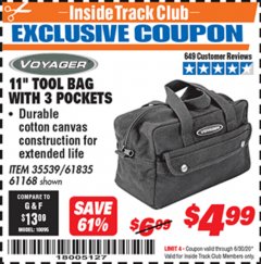 Harbor Freight ITC Coupon 11" TOOL BAG Lot No. 61168/35539/61835 Expired: 6/30/20 - $4.99