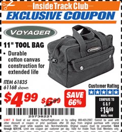 Harbor Freight ITC Coupon 11" TOOL BAG Lot No. 61168/35539/61835 Expired: 8/31/18 - $4.99