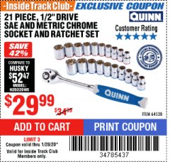 Harbor Freight Coupon 21 PIECE, 1/2" DRIVE SAE AND METRIC HIGH VISIBILITY CHROME SOCKET AND RATCHET SET Lot No. 64538 Expired: 1/28/20 - $29.99