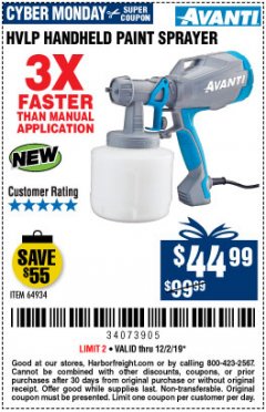 Harbor Freight Coupon AVANTI HVLP HAND HELD PAINT SPRAYER Lot No. 64934 Expired: 12/2/19 - $44.99