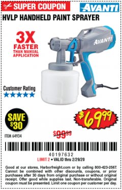Harbor Freight Coupon AVANTI HVLP HAND HELD PAINT SPRAYER Lot No. 64934 Expired: 2/29/20 - $69.99