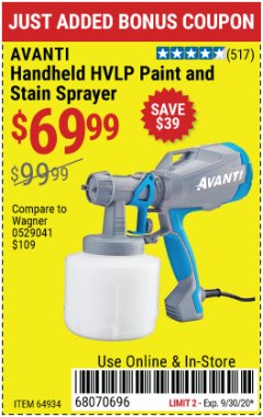 Harbor Freight Coupon AVANTI HVLP HAND HELD PAINT SPRAYER Lot No. 64934 Expired: 9/30/20 - $69.99