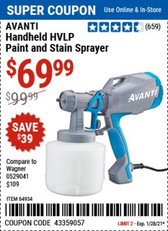 Harbor Freight Coupon AVANTI HVLP HAND HELD PAINT SPRAYER Lot No. 64934 Expired: 1/28/21 - $69.99