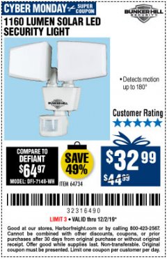 Harbor Freight Coupon 1160 LUMENS SOLAR LED SECURITY LIGHT  Lot No. 64734 Expired: 12/1/19 - $32.99